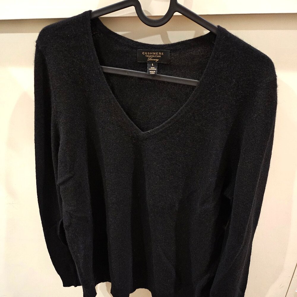 Charter Club Women's L Black 100% Cashmere Long Sleeve Pullover V Neck Sweater